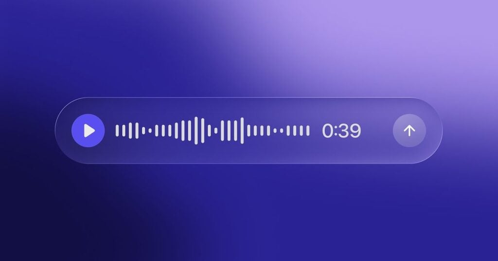 Purple voice message audio player with play button, waveform visualization, 0:39 duration and send arrow