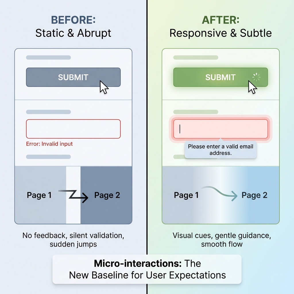 Split image: Before (static UI, abrupt errors) vs After (responsive micro-interactions, gentle validation, smooth flow)