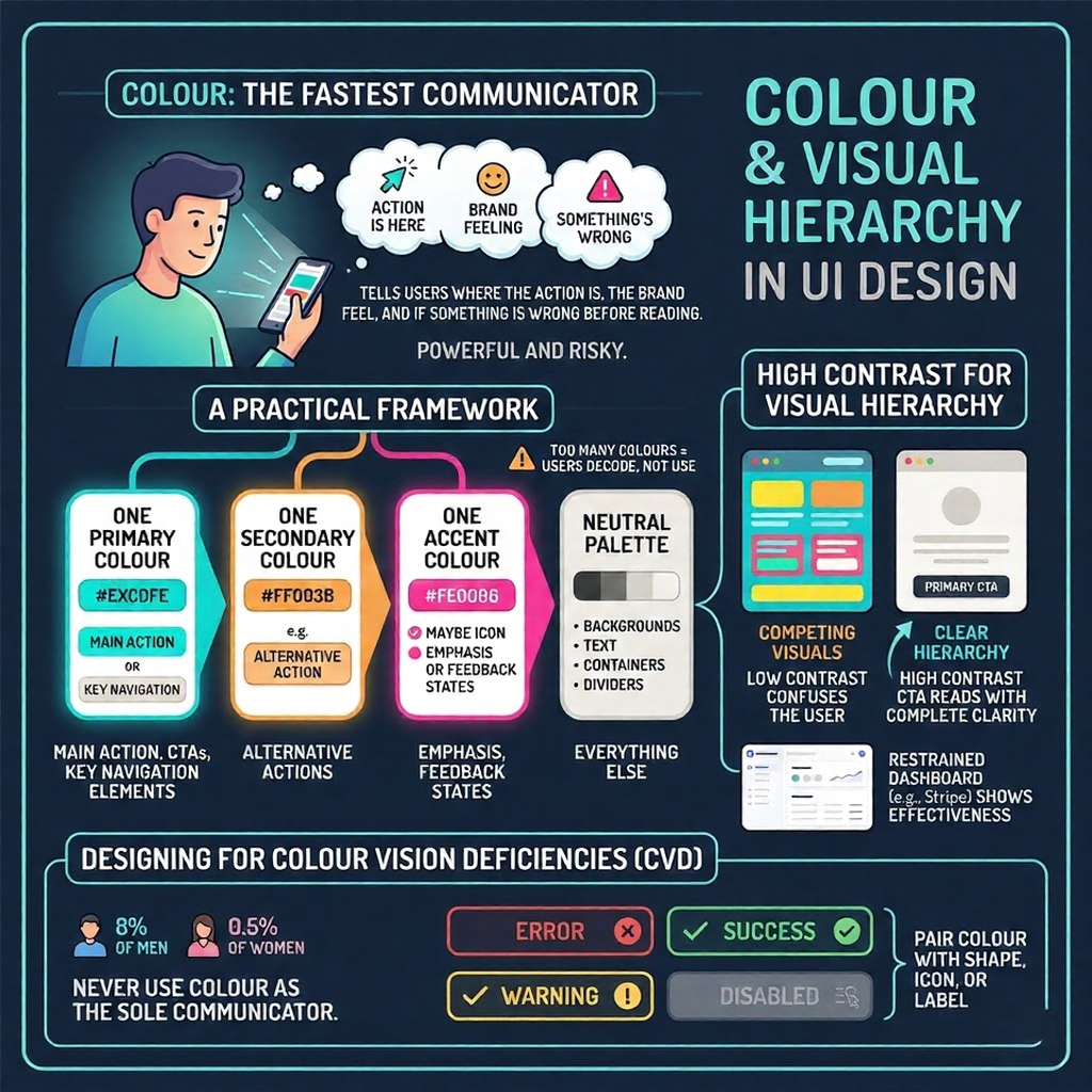 Infographic: Colour & visual hierarchy in UI design — primary, secondary, accent, neutral palettes, contrast and CVD tips.
