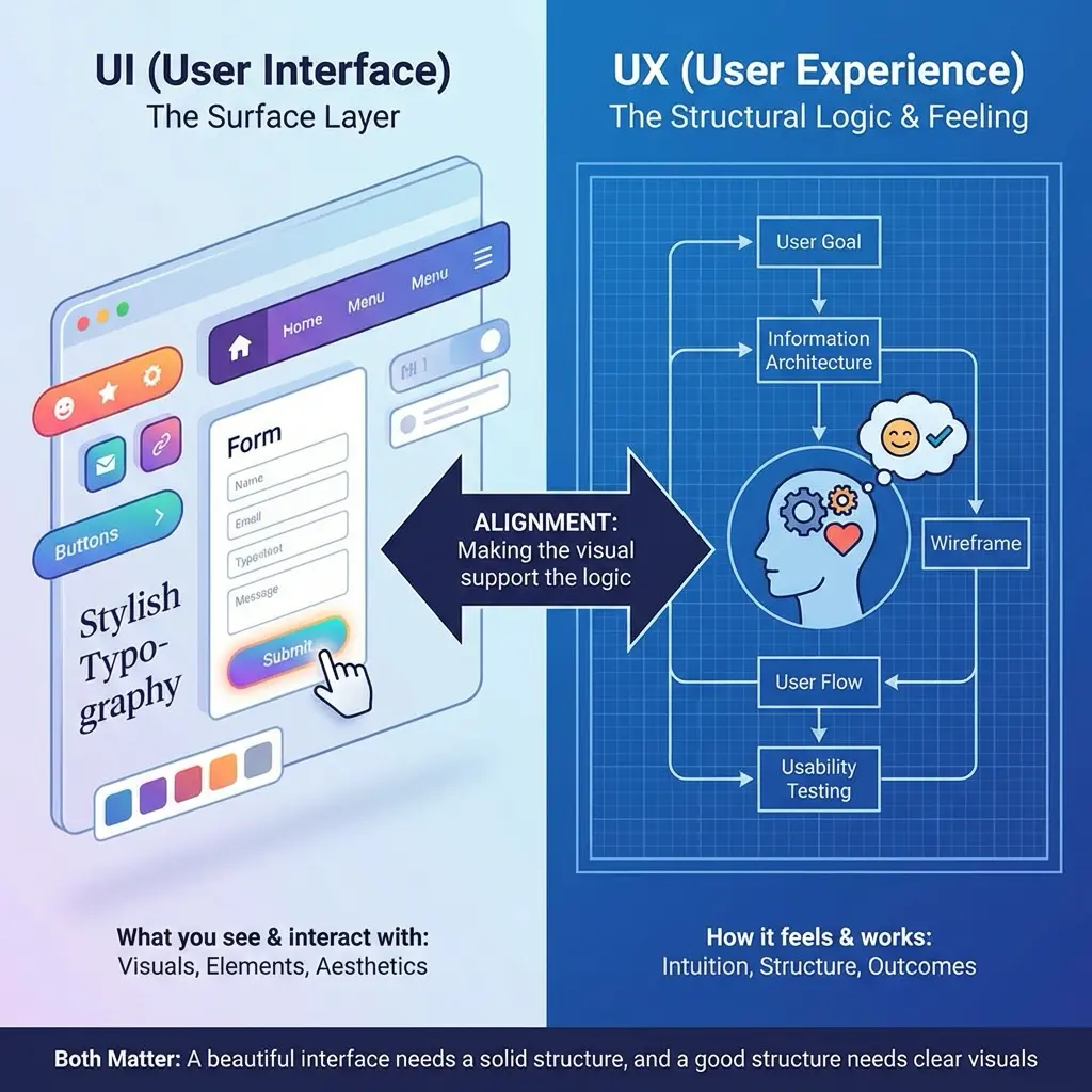 UI vs UX infographic: UI (visuals, buttons, forms, typography) vs UX (goals, info arch, wireframe, user flow, testing)