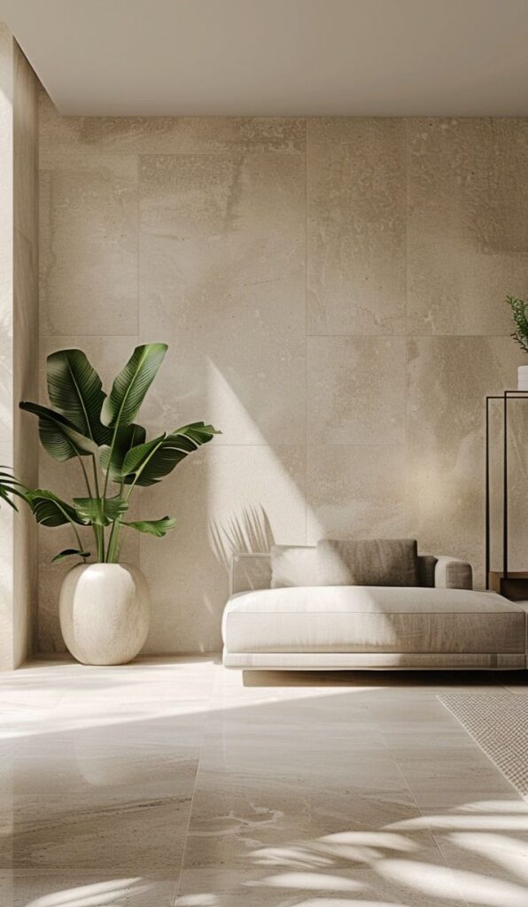 Modern minimalist living room with beige sofa, large potted plant, and natural light on stone tiles.