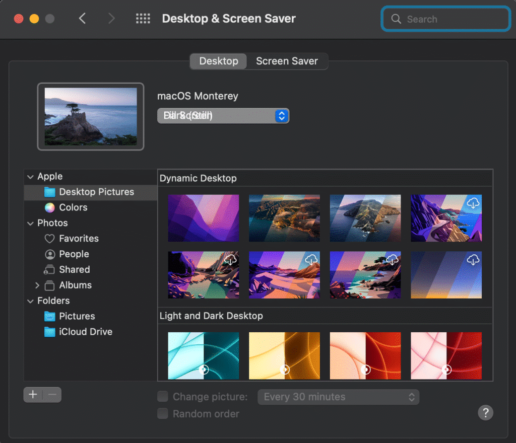 macOS Monterey desktop and screensaver settings with dynamic and light, dark desktop wallpaper options.