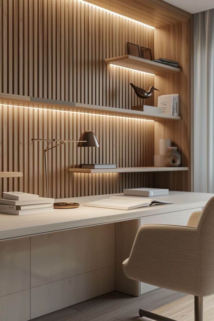 Modern home office with wooden accents, sleek desk, shelves, ambient lighting, and a comfortable chair.