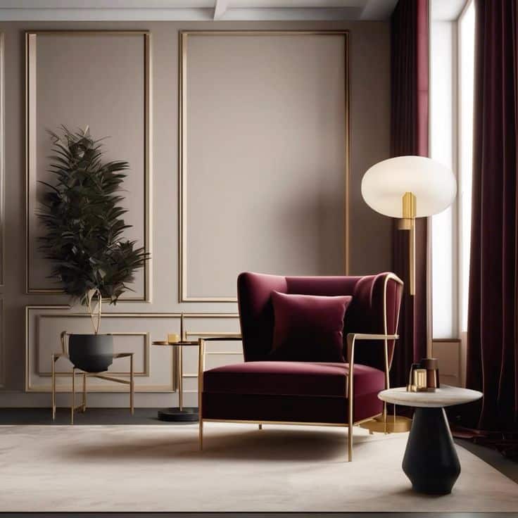 Luxurious living room with burgundy armchair, elegant lamp, and stylish decor. Perfect blend of modern and classic design.