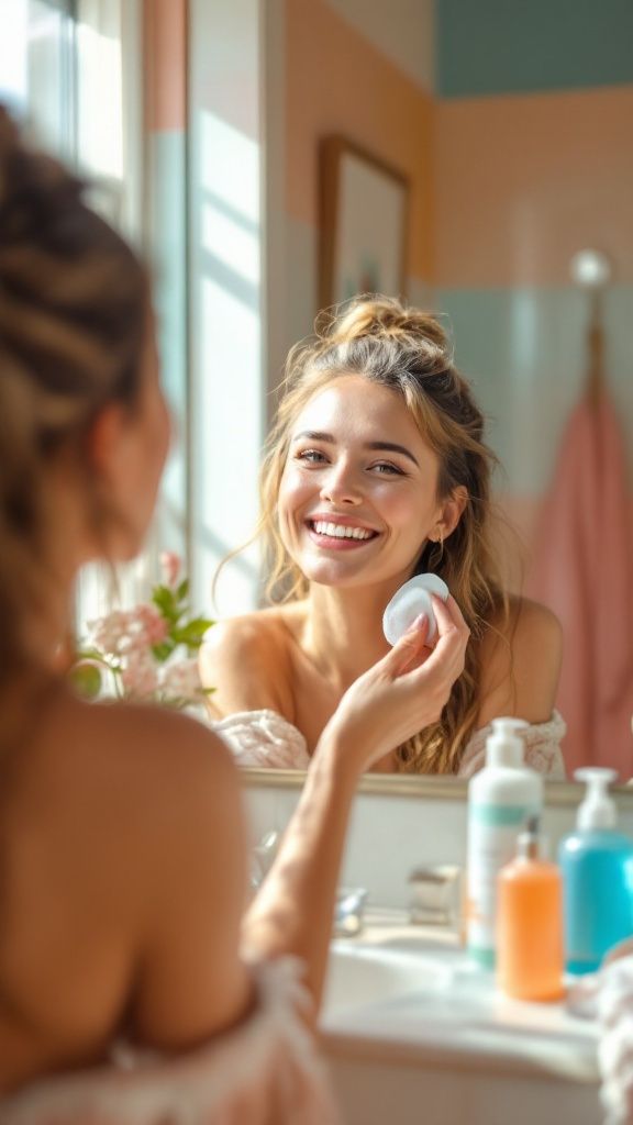 Smiling woman using skincare product in front of mirror, creating a fresh morning beauty routine.