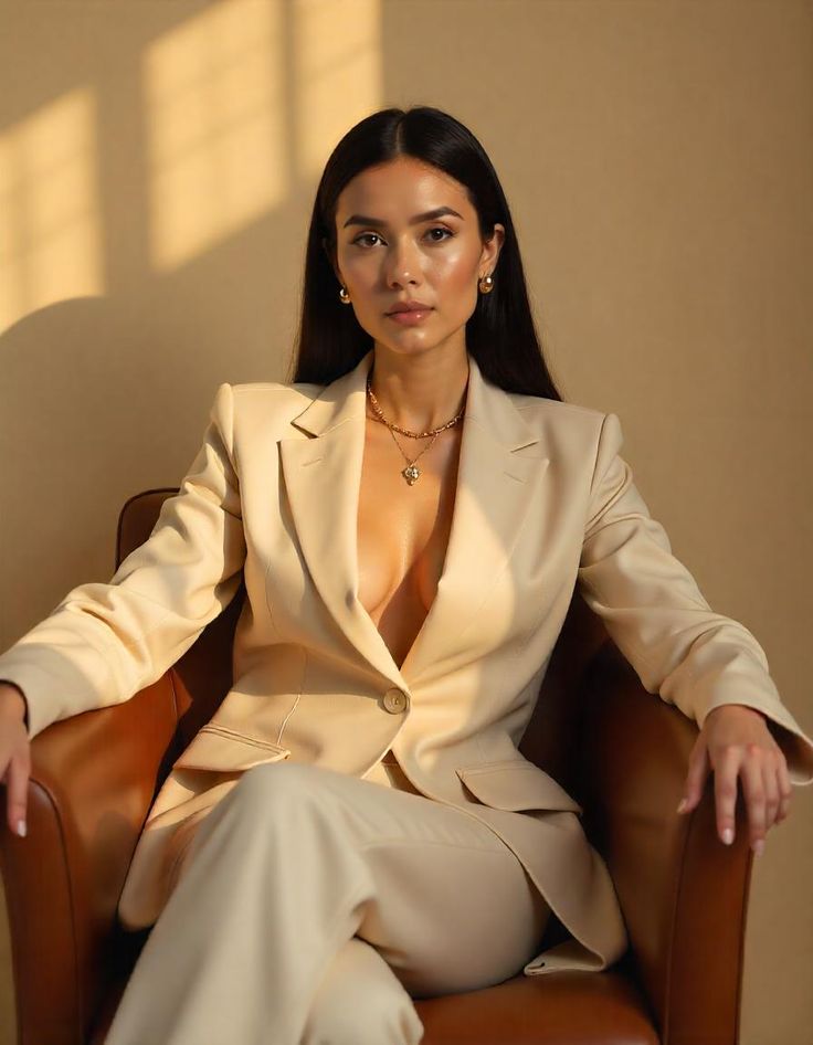 Elegant woman in a beige suit sitting in a chair, exuding confidence and style in soft natural light.