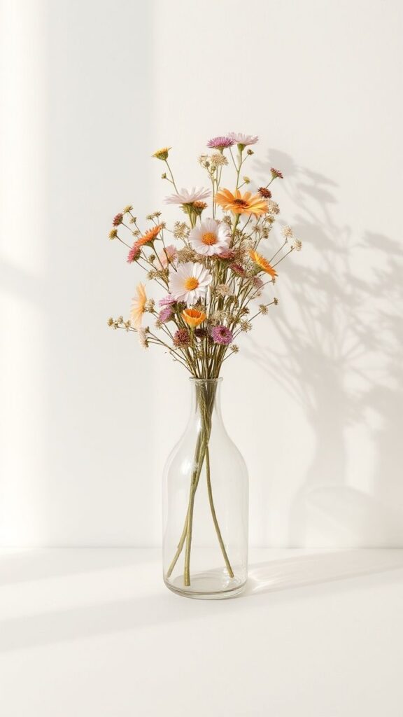 Glass vase with pastel wildflowers on a sunny white background, casting gentle shadows. Elegant and minimalist decor.