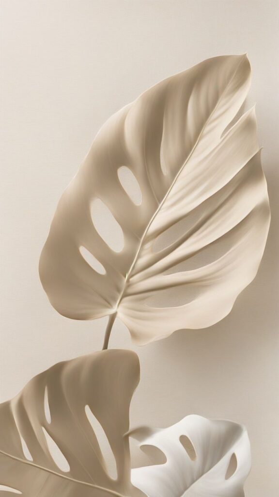 Minimalist beige monstera leaves on a light background, highlighting natural textures and serene design.