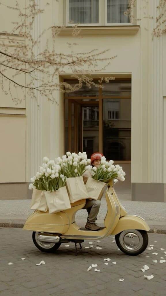 Person on vintage scooter carrying white tulips in paper bags, parked on a city street.