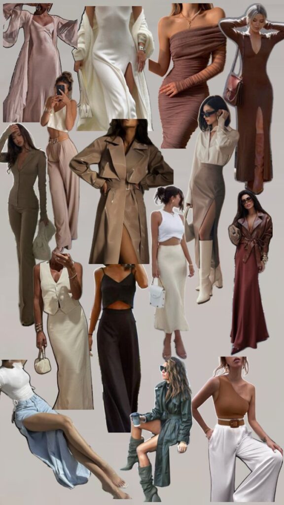Chic women's fashion collage with elegant dresses and stylish outfits for modern trends and inspirations.
