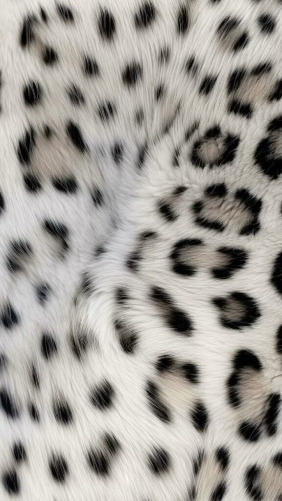 Close-up of white fur with black spots, resembling snow leopard skin pattern, showcasing texture and wildlife beauty.