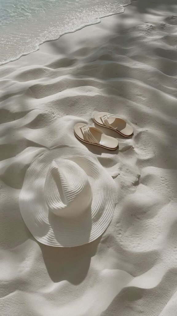 White hat and sandals on a serene sandy beach near the ocean.