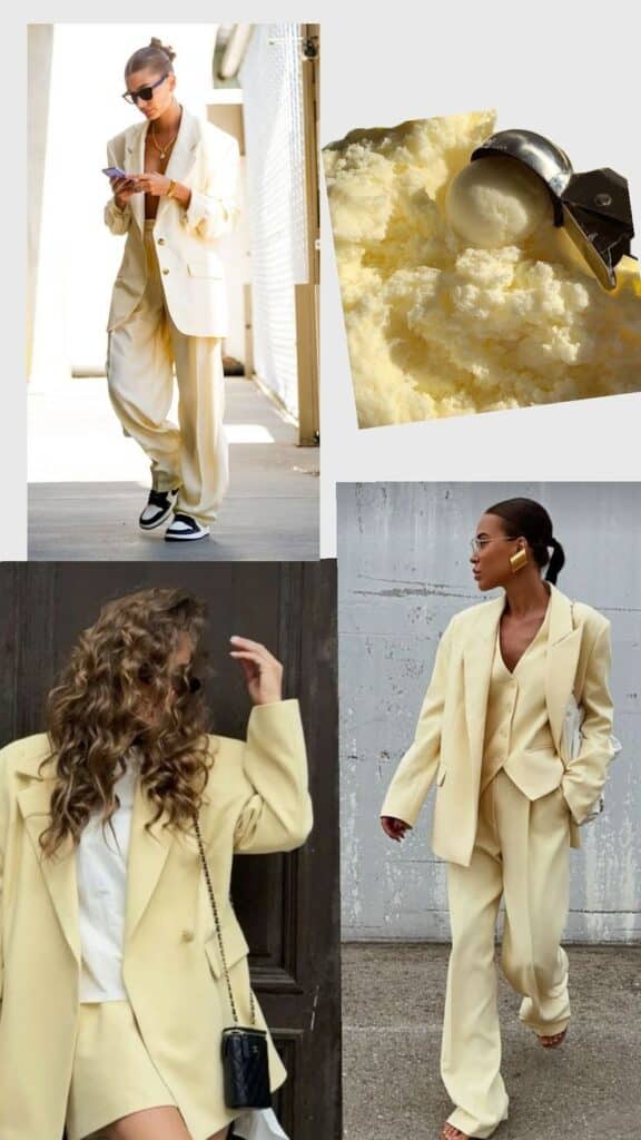Fashionable women in cream suits, showcasing stylish street wear trends with modern accessories and confidence.