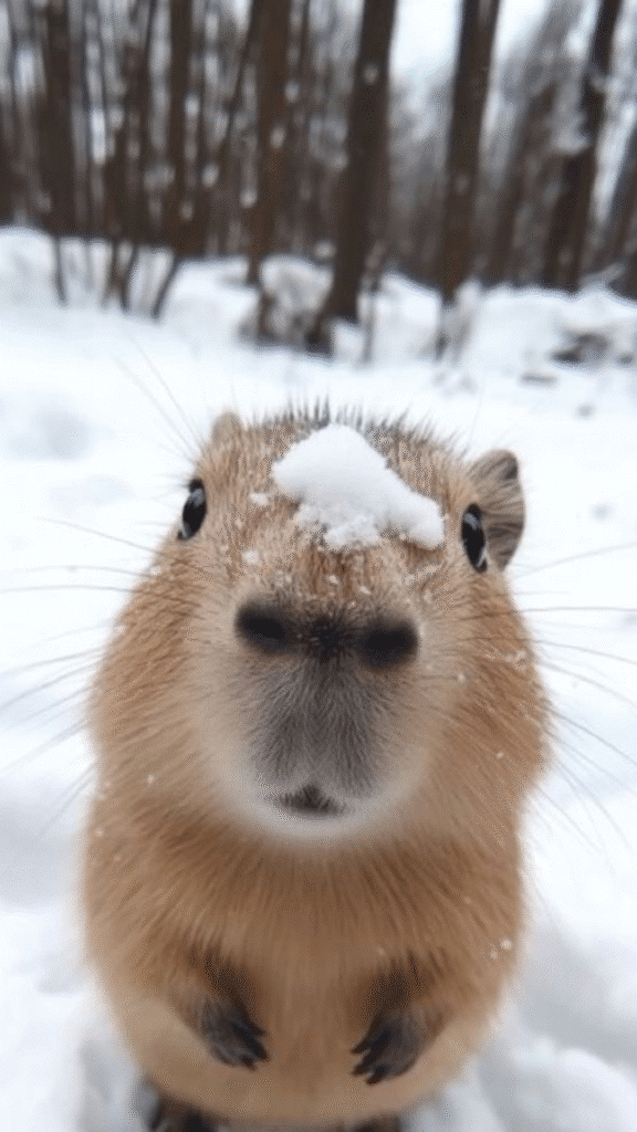 Cute capybara with snow on nose in winter forest, looking curious and adorable.