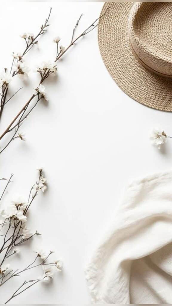 Minimalist composition with a straw hat, white flowers, and fabric on a white background.