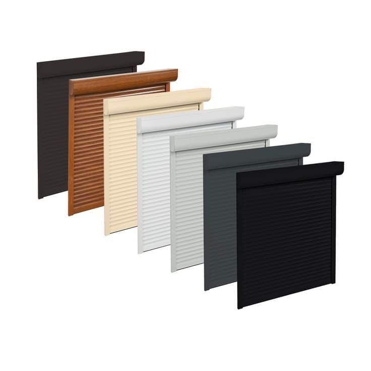 Assorted colored roller shutters in black, wood, cream, white, and gray, displayed in a staggered arrangement.