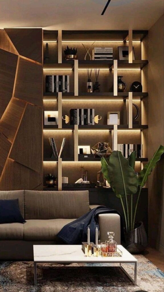 Modern living room with stylish shelves, cozy sofa, and elegant decor accents. Warm lighting enhances ambiance.
