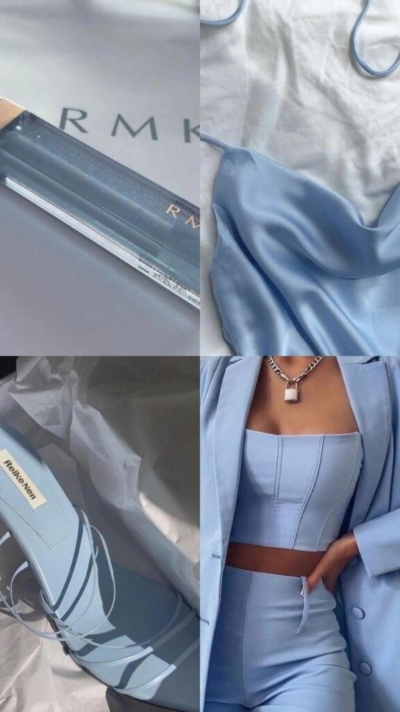 Elegant light blue fashion items including a blazer, strappy heels, and satin top for chic styling.