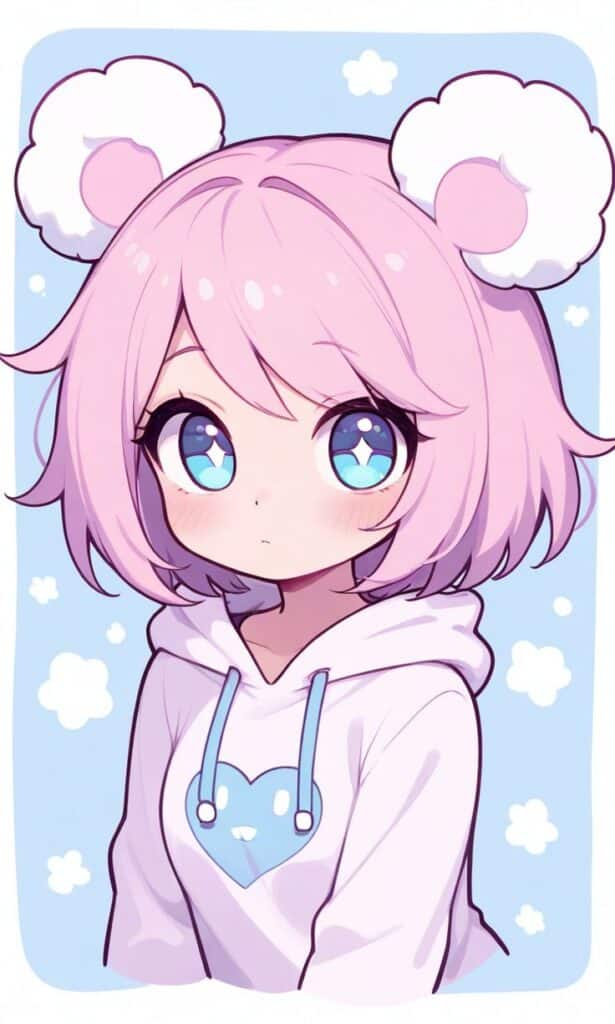 Cute anime character with pink hair, blue eyes, and a hoodie, against a sky-themed background.