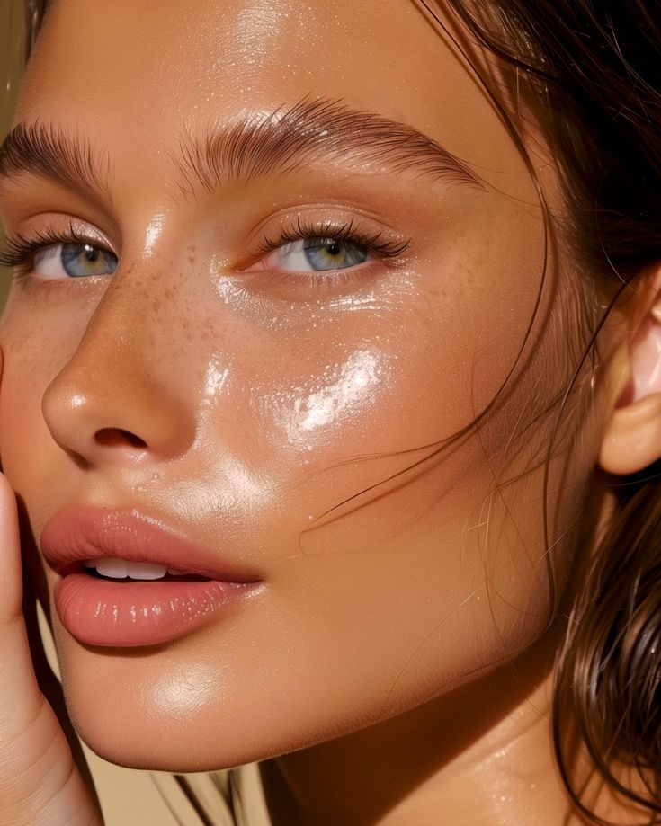 Close-up of a woman's face with glowing dewy skin, emphasizing natural beauty and flawless makeup.