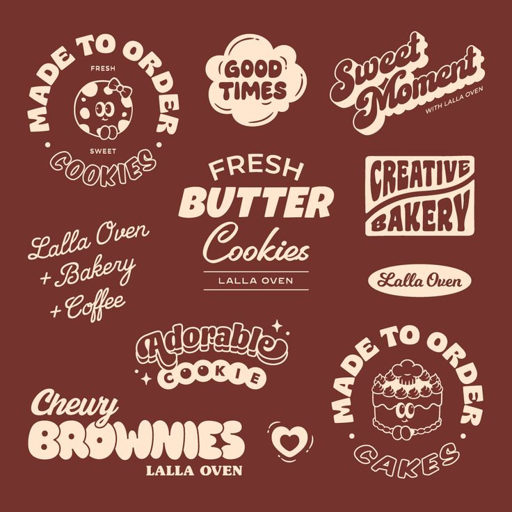 Typography designs for cookies, brownies, and bakery items from Lalla Oven on a brown background.