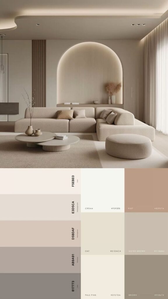 Minimalist neutral living room with color palette, featuring beige and brown tones. Perfect for interior design inspiration.