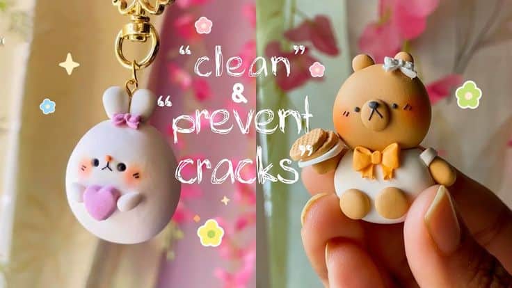 Cute clay animal keychains with flowers, text reads clean & prevent cracks, on colorful floral background.