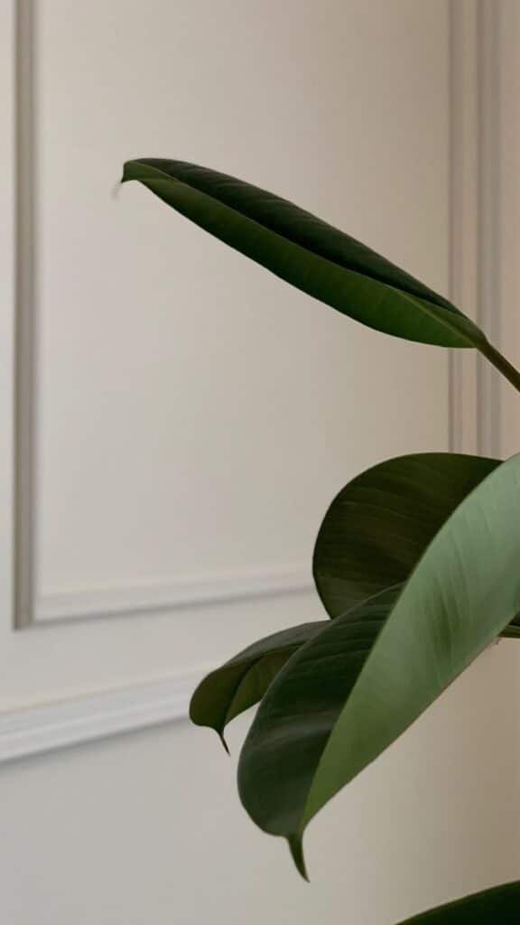 Close-up of lush green rubber plant leaves against a light wall background.