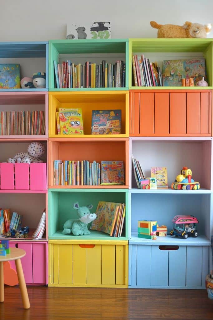 Colorful kids' bookshelf with books, toys, and stuffed animals neatly arranged for a playful, organized space.