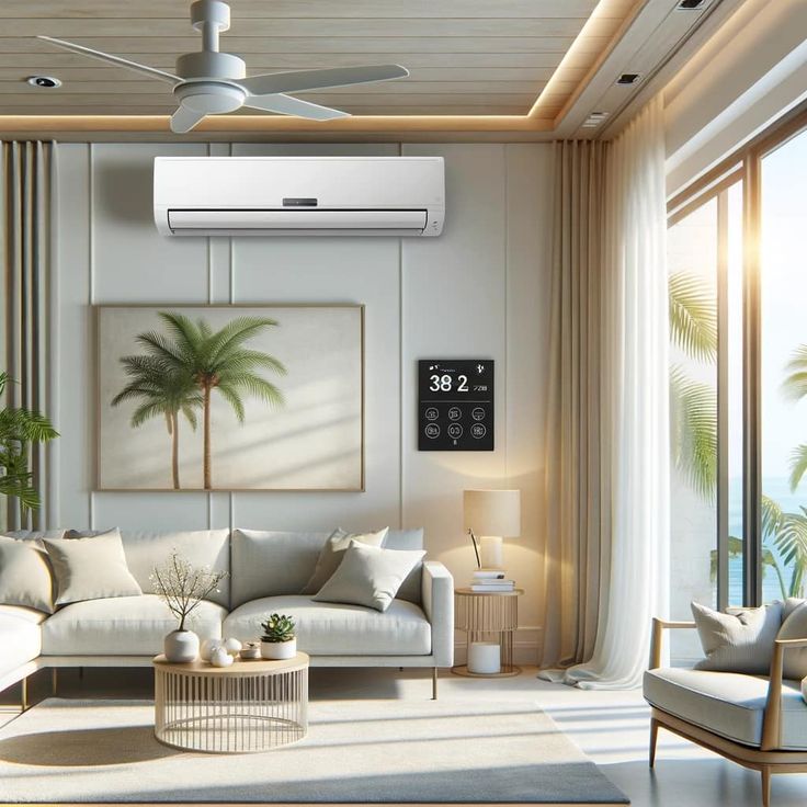 Modern living room with stylish furniture, wall art, air conditioner, and large windows letting in natural light.