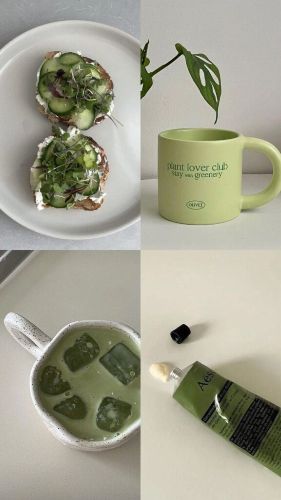 Vegan avocado toast, green mug, iced matcha latte, and Aesop cream tube on a minimalist background.