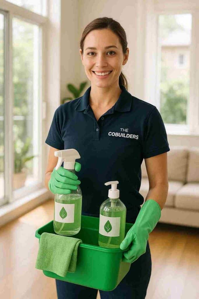 Smiling cleaning professional holds eco-friendly products and a green bucket indoors.