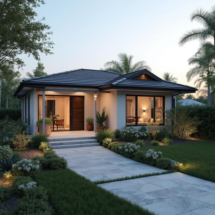 Modern single-story house with landscaped garden and evening lighting.