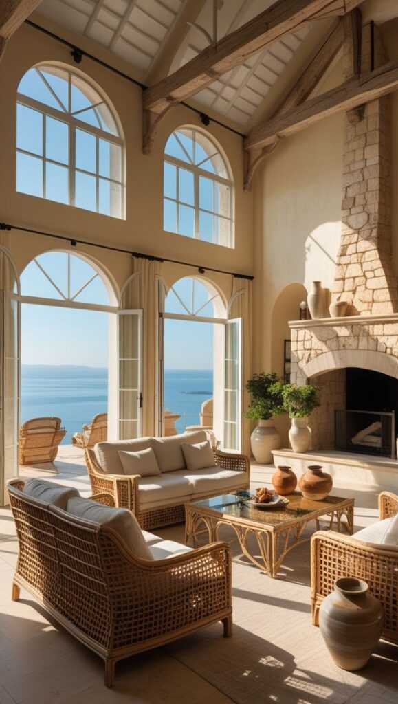 Luxurious coastal living room with wicker furniture, sea view, and large windows offering natural light.