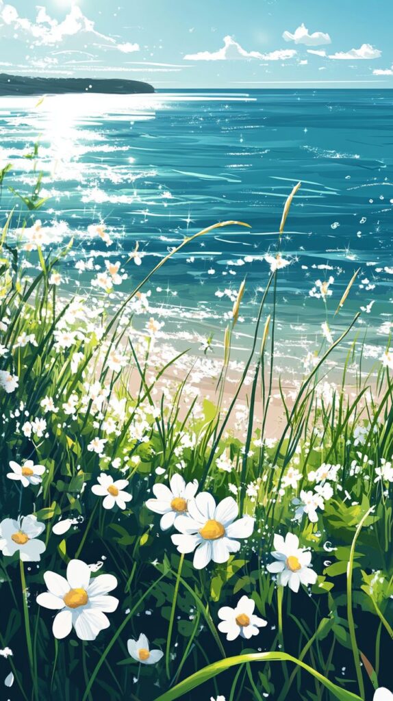 Illustration of daisies on a sunny coastline with sparkling blue water and a vibrant, clear sky.
