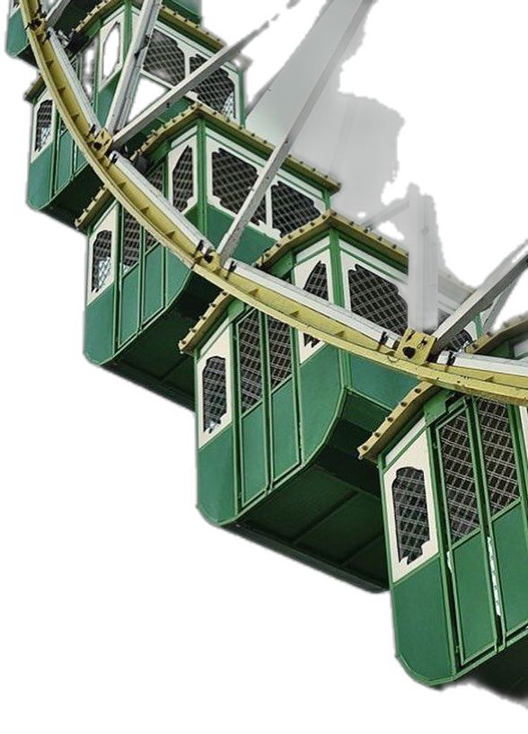 Green Ferris wheel cabins in motion against a white background, highlighting the intricate design and structure.