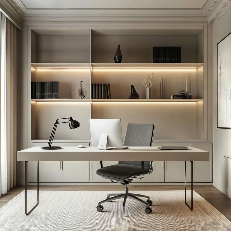 Modern home office with sleek desk, ergonomic chair, and illuminated shelves for a minimalist workspace.