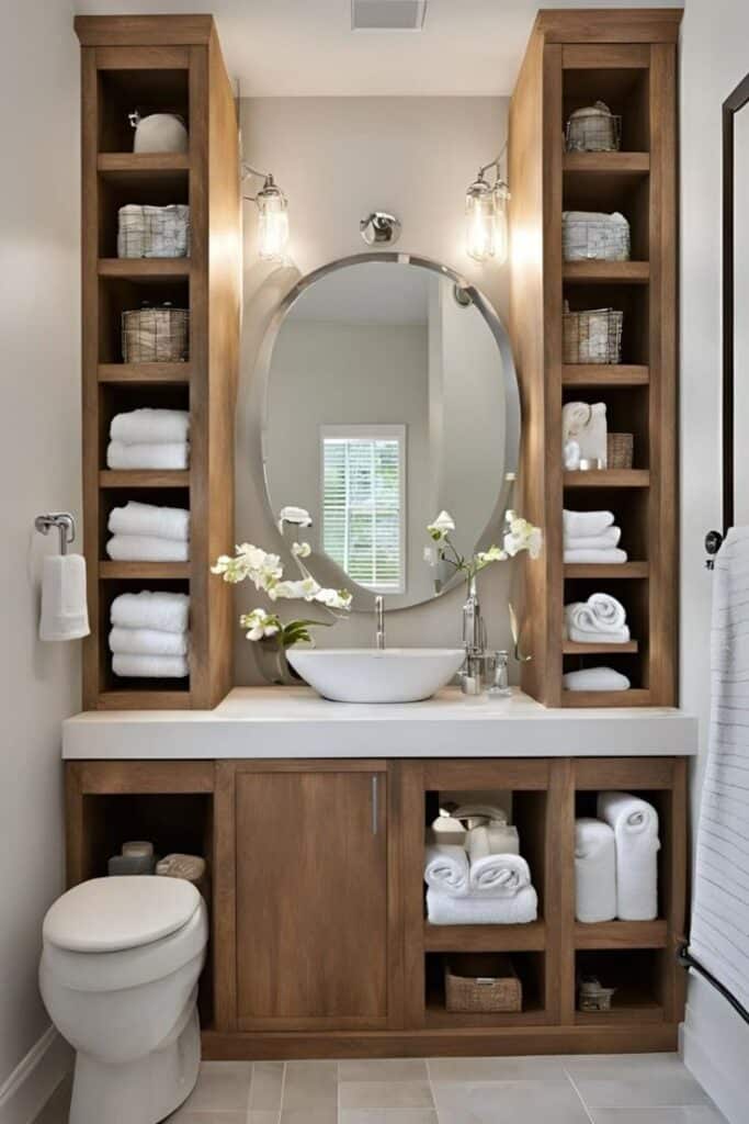 Modern bathroom vanity with open shelving, round mirror, and elegant orchid decoration.