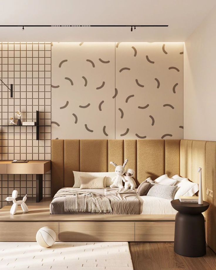 Детская спальня кровать Modern children's bedroom with geometric wall decor, cozy beige bed, and stylish toys. Bright and inviting design. | Sky Rye Design Modern children's bedroom with geometric wall decor, cozy beige bed, and stylish toys. Bright and inviting design.