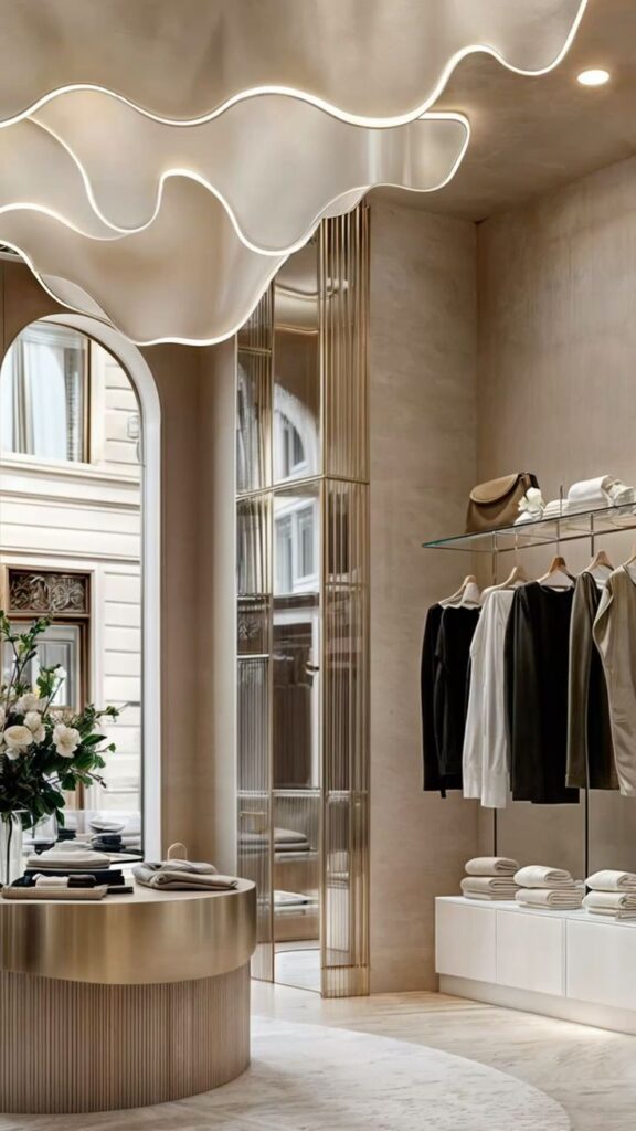 Дизайн интерьера магазина одежды Luxury boutique interior with elegant ceiling design, clothes display, and floral decor. | Sky Rye Design Luxury boutique interior with elegant ceiling design, clothes display, and floral decor.