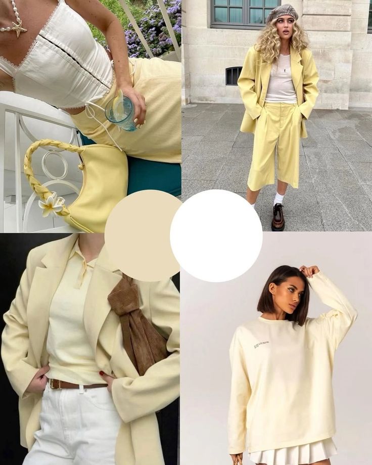 идеи для образа Fashion collage showcasing pastel yellow outfits and accessories for a stylish, chic look. | Sky Rye Design Fashion collage showcasing pastel yellow outfits and accessories for a stylish, chic look.