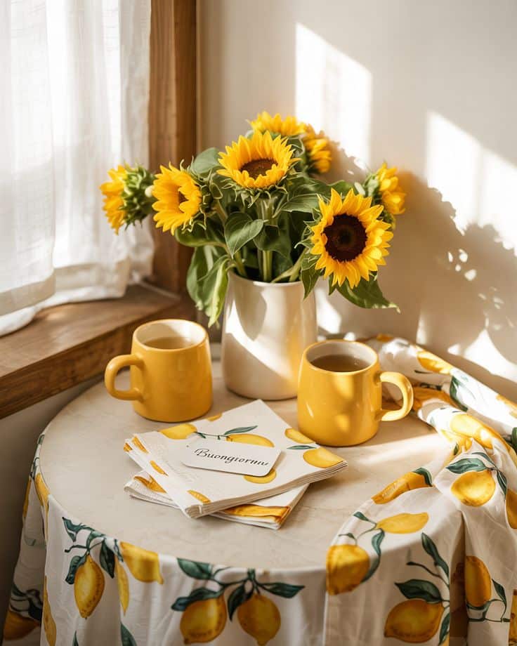 укпц Sunflowers in a vase on a table with yellow mugs, lemon-patterned cloth, and Buongiorno card in morning light. | Sky Rye Design Sunflowers in a vase on a table with yellow mugs, lemon-patterned cloth, and Buongiorno card in morning light.