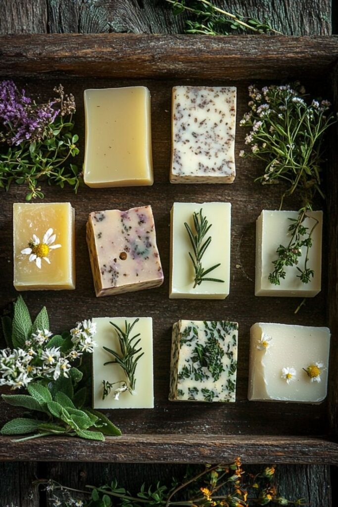 00ef257592705c969d9c239148684cc0 Nine handmade soap bars with herbs displayed in a rustic wooden tray, surrounded by fresh sprigs and flowers. | Sky Rye Design Nine handmade soap bars with herbs displayed in a rustic wooden tray, surrounded by fresh sprigs and flowers.