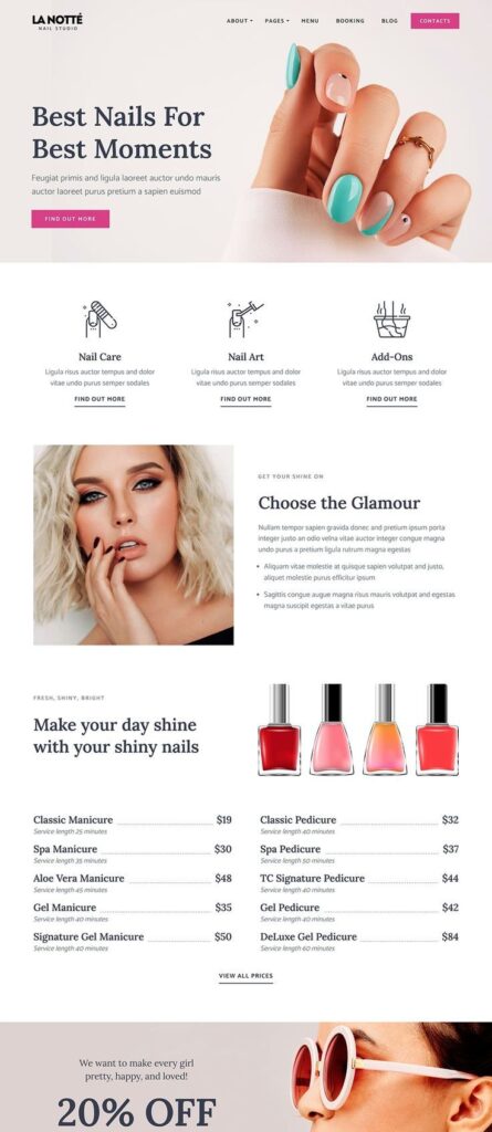 Nail studio website offering manicures, pedicures, and nail art with vibrant polish options.