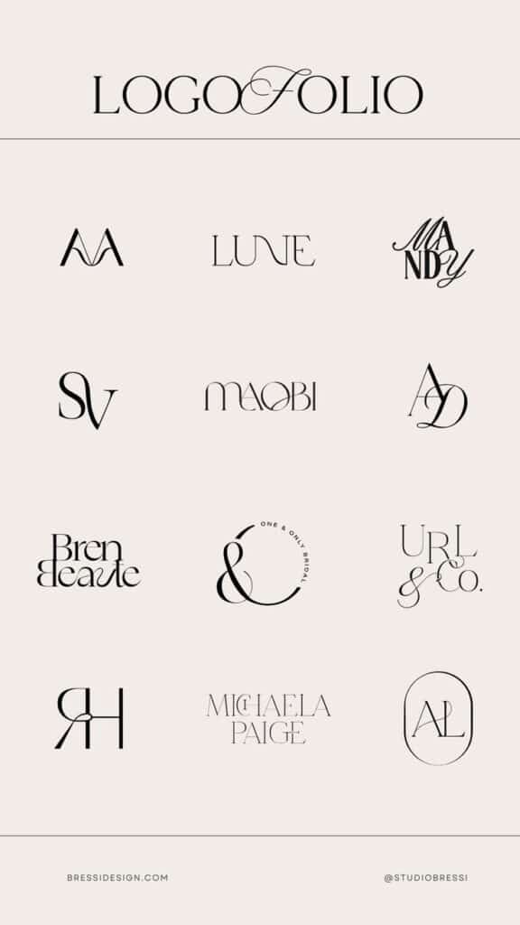 Collection of twelve elegant and minimalist logo designs in black and white by Bressi Design Studio.