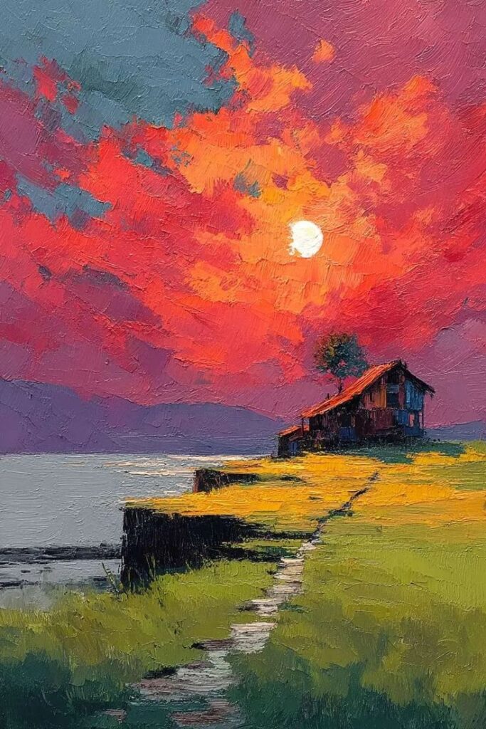 029b7365d43c3d73cf966d9a5f01c832 Vibrant sunset painting with a rustic cabin on a grassy cliff, overlooking a tranquil lake. Vivid red, orange, and purple sky. | Sky Rye Design Vibrant sunset painting with a rustic cabin on a grassy cliff, overlooking a tranquil lake. Vivid red, orange, and purple sky.