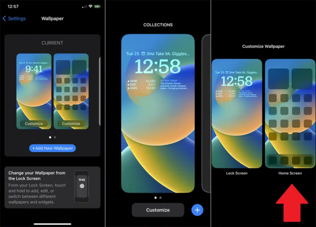 iPhone wallpaper customization screen showing lock and home screen settings.