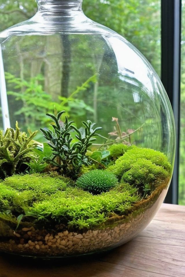 Glass terrarium with lush green moss and plants near window, nature-inspired decor.