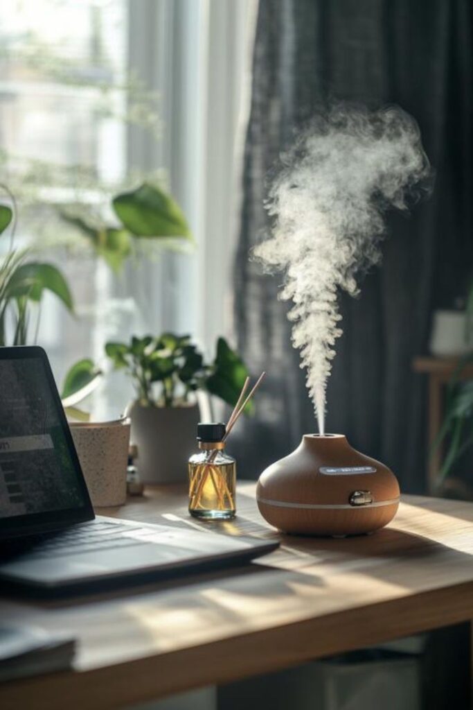 Wooden aroma diffuser emitting mist on a desk with plants and a laptop nearby, creating a serene workspace atmosphere.