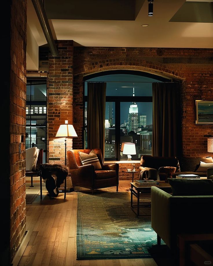04b02b7e-a4e8-4bfe-8931-83f5225dff19 Cozy loft living room with city skyline view, featuring leather chairs, brick walls, and warm lighting. | Sky Rye Design Cozy loft living room with city skyline view, featuring leather chairs, brick walls, and warm lighting.